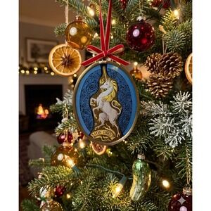 Heraldic Unicorn Mon Droit Stained Glass Suncatcher Ornament Blue Gold Oval